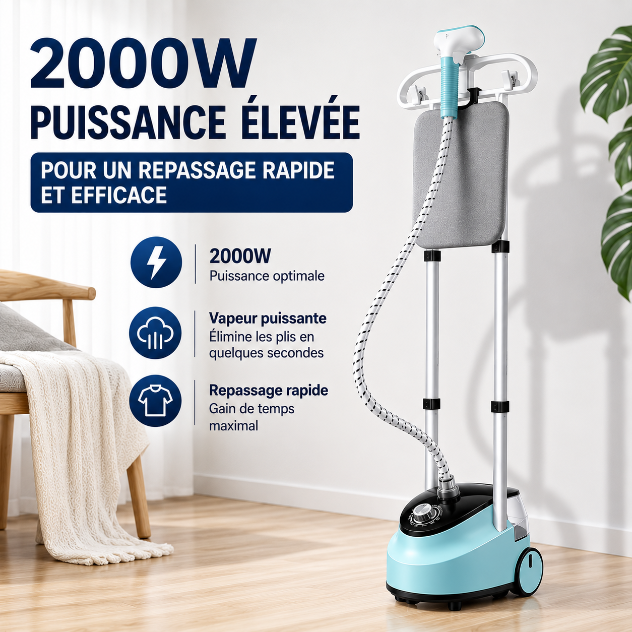 Défroisseur Vapeur Vertical STEAMOWA 2-en-1 2000W Double Barre Réglable